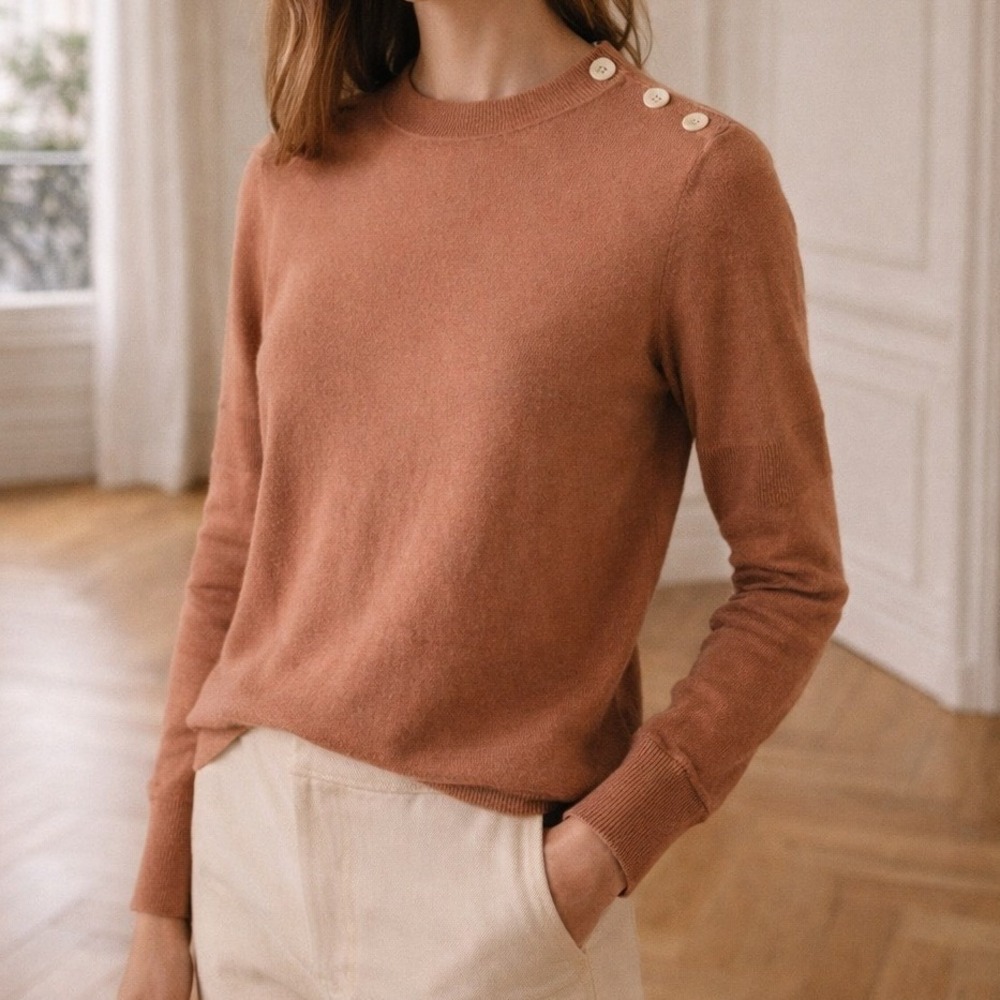 A.P.C Orange Merino Wool Sweater Crewneck Button Shoulder Size Small